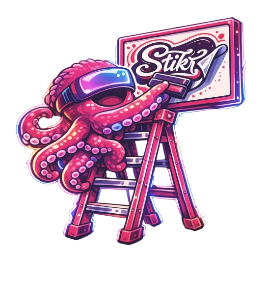 Stikr mascotte brengt het Stikr logo aan op een bord